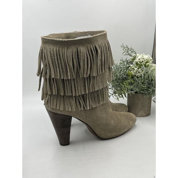 Joie Rockefeller Urban Cowgirl Triple Fringe Beige Suede Heel Boots Sz 41/10.5 - Picture 2 of 16